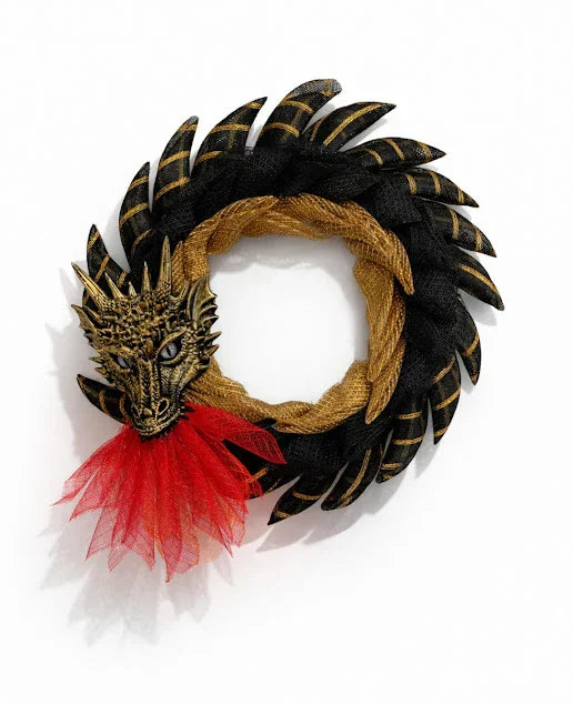 Fantasy dragon wreath with black and gold wings, red tulle, handmade decorative centerpiece