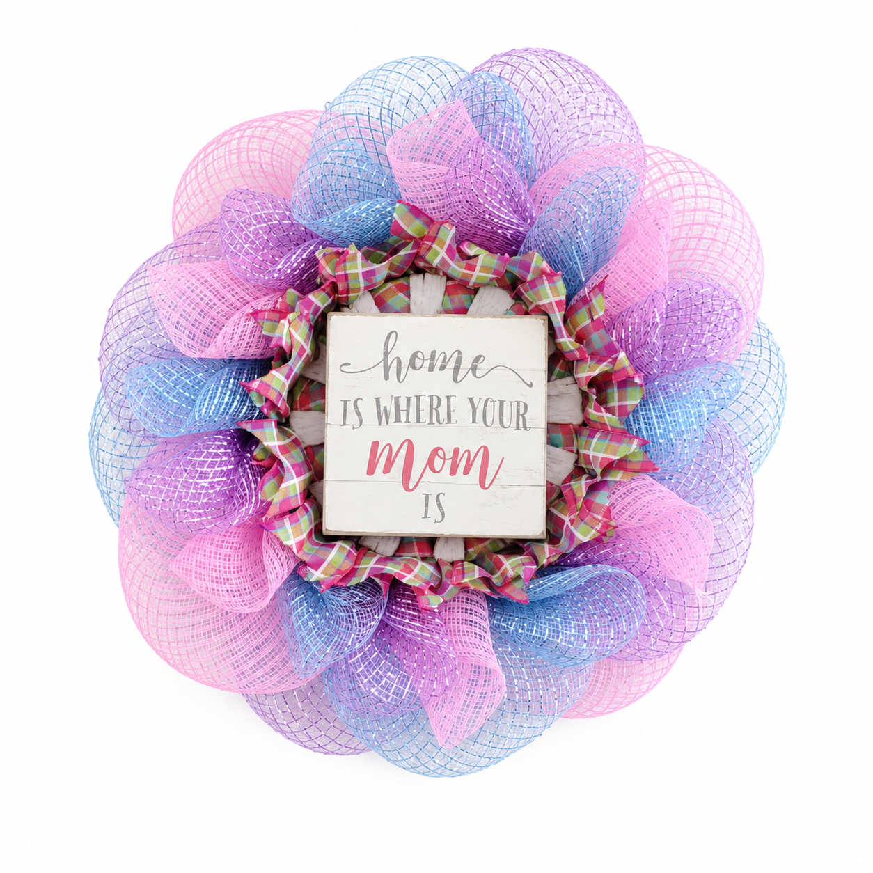 Pastel “Home Is Where Your Mom Is” Deco Mesh Wreath – Mother’s Day Front Door Decor
