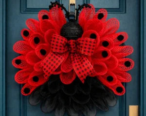 Red and black mesh wreath with gingham bow, perfect for baby shower or memorial keepsake decor