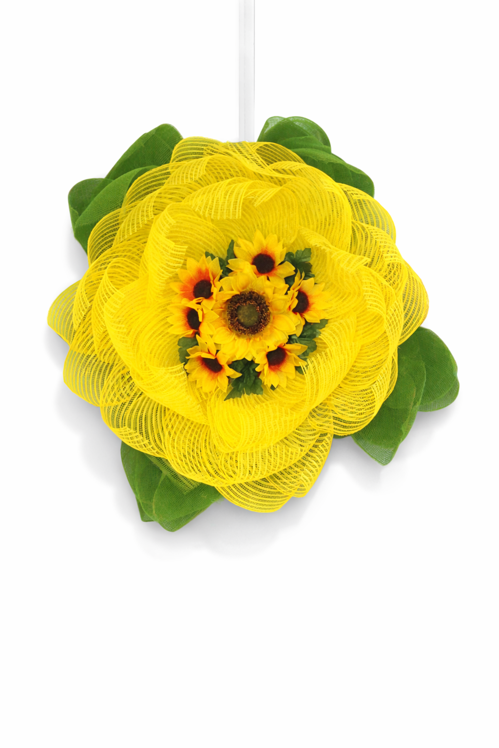 Bright yellow sunflower wreath with green leaves, handmade decorative wall hanging for home or baby shower