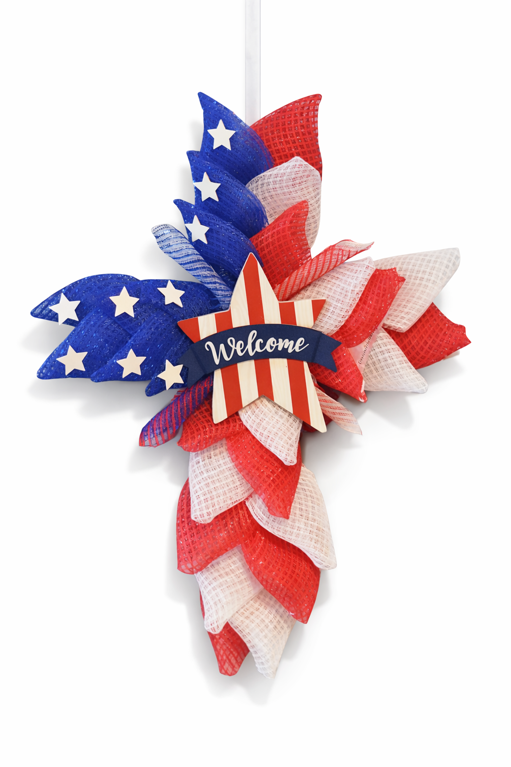 Handmade Patriotic Cross Wreath – Red White Blue Christian Front Door Décor