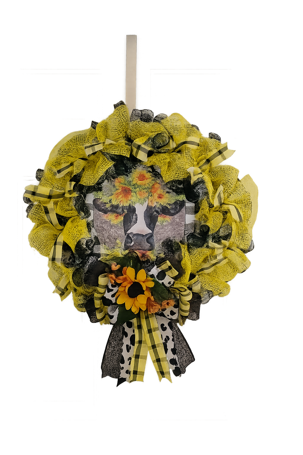 Handmade Sunflower Cow Wreath – Farmhouse Front Door Décor