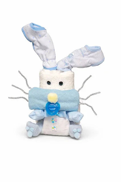 Blue baby diaper cake shaped like a bunny with pacifier, perfect for baby shower gifts or keepsakes