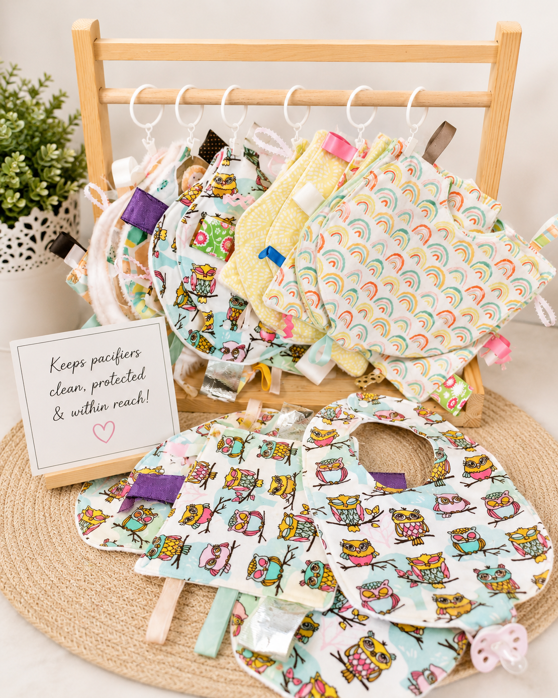 Baby Gift Bundle Pacifier Snap Bib, Burp Cloth & Sensory Taggie Toy | Handmade