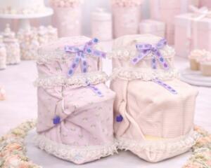 Handmade diaper cakes with lace and bows, perfect for baby shower gifts or keepsakes.