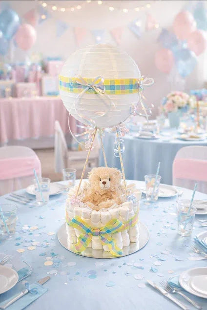 Diaper cake centerpiece with teddy bear and hot air balloon, perfect baby shower gift