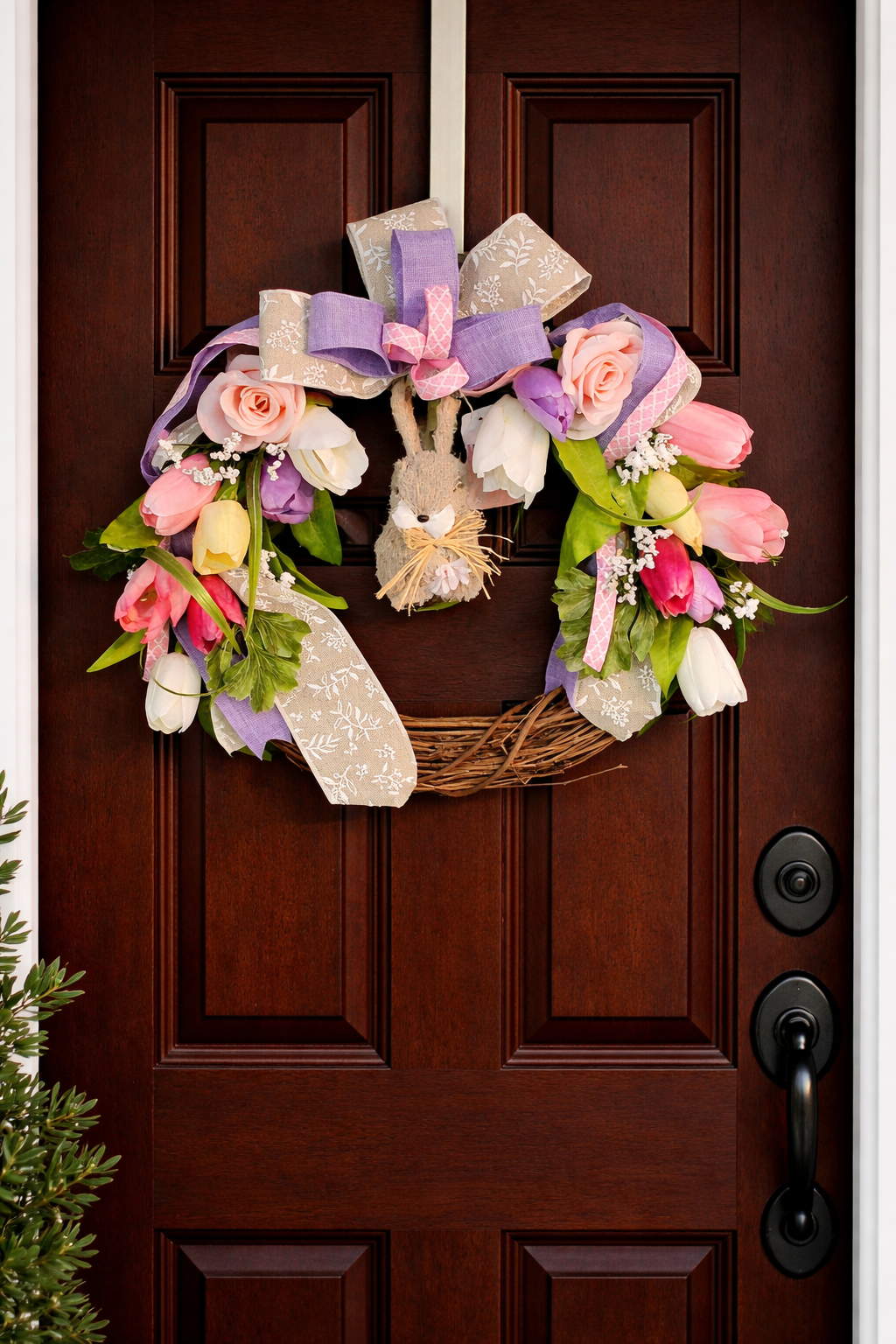 Handmade Easter Bunny Grapevine Wreath – Pastel Spring Farmhouse Décor