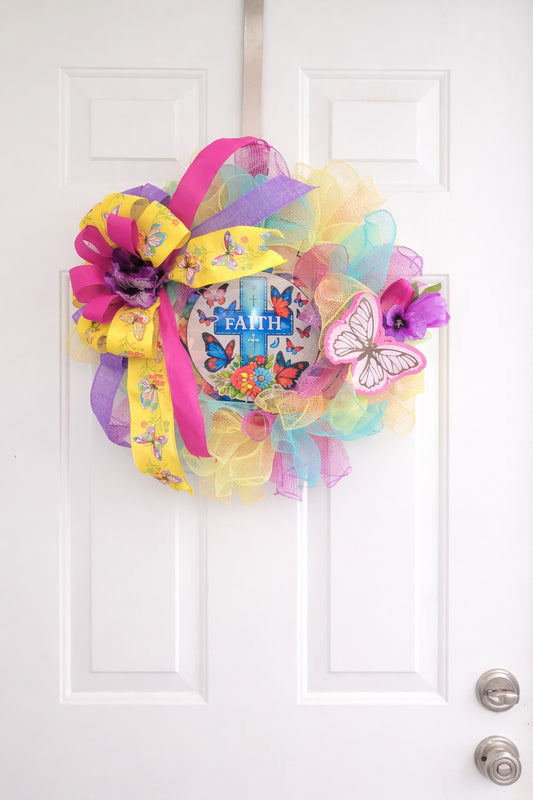 Handmade Faith Butterfly Wreath – Colorful Christian Front Door Décor