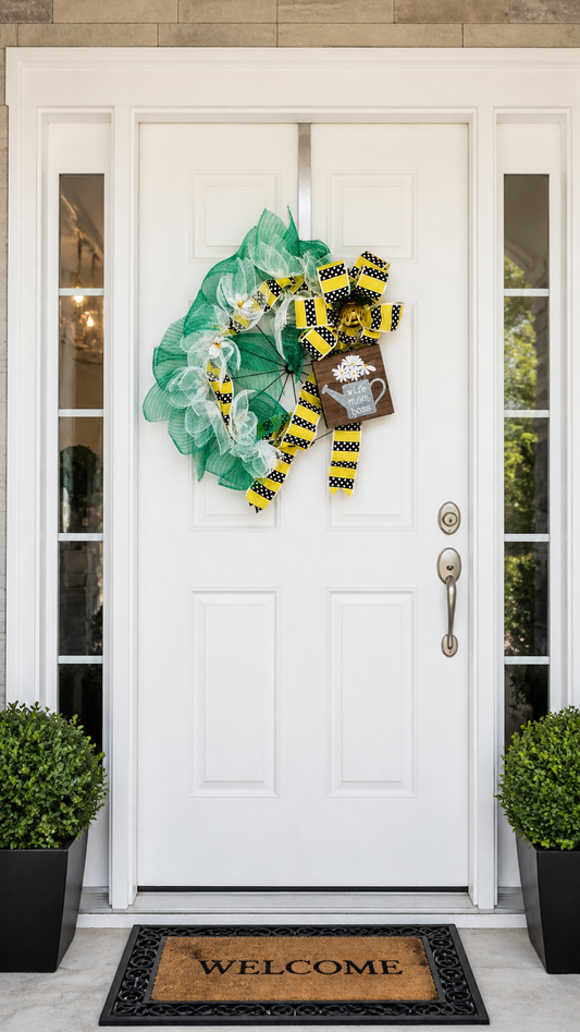 Bee-Themed “Wife Mom Boss” Deco Mesh Wreath – Front Door Spring & Summer Decor