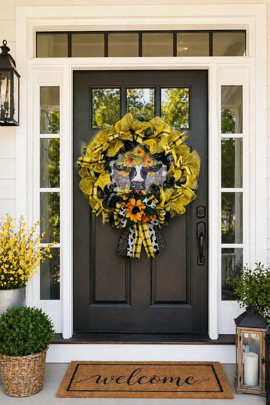 Handmade Sunflower Cow Wreath – Farmhouse Front Door Décor