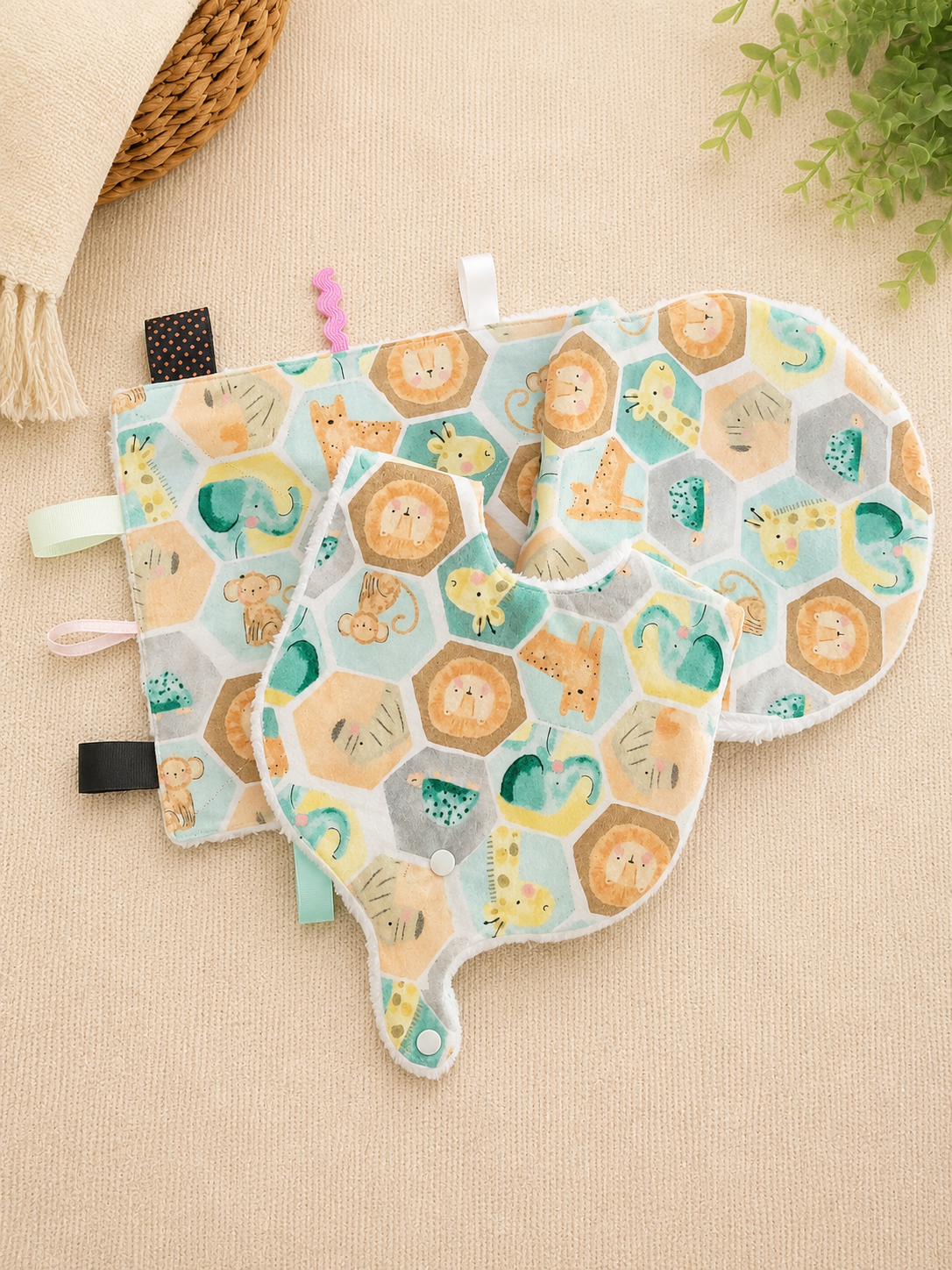 Baby Gift Bundle – Pacifier Snap Bib, Burp Cloth & Sensory Taggie Toy | Handmade