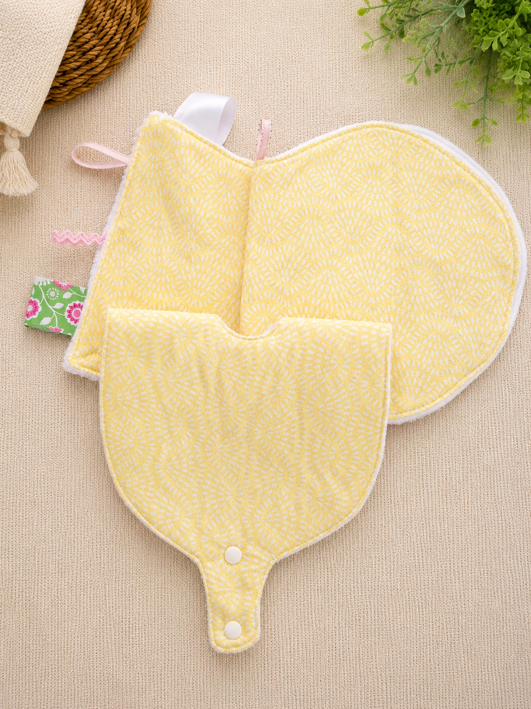 Baby Gift Bundle – Pacifier Snap Bib, Burp Cloth & Sensory Taggie Toy | Handmade