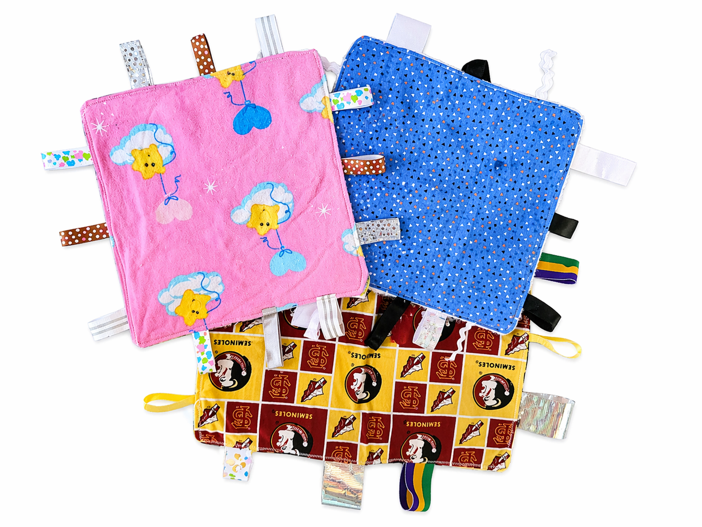 Handmade Baby Sensory Lovey – Ribbon Tag Security Blanket for Newborns