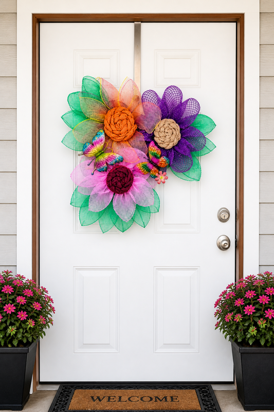 Colorful Floral Deco Mesh Wreath with Butterflies – Spring & Summer Front Door Decor