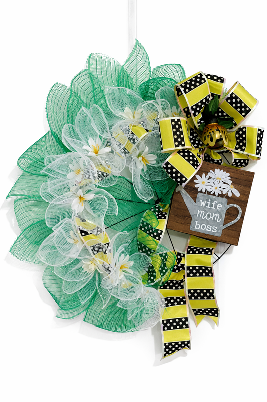 Handmade Wife Mom Boss Daisy Mesh Wreath – Floral Front Door Décor Gift
