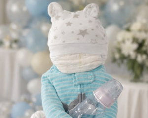 Sitting Baby in Bassinet Diaper Cake