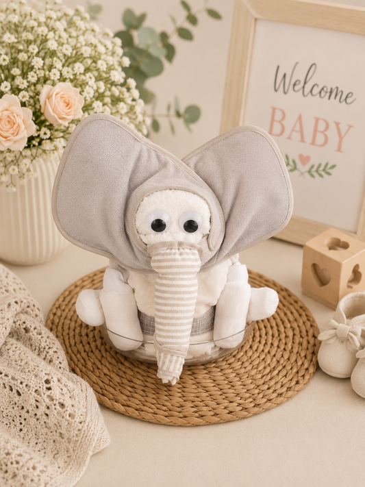 Elephant Diaper Cake Baby Gift Set – Receiving Blanket, 3 Bibs, 2 Pairs Socks & 30-35 Size 2 Diapers | Handmade