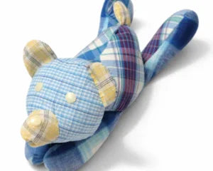 Handmade memory bear crafted from blue plaid clothing, soft keepsake for baby shower or memorial gift