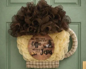 Coffee-themed wreath with mesh bow, plaid ribbon, and 'Jesus' sign for home decor