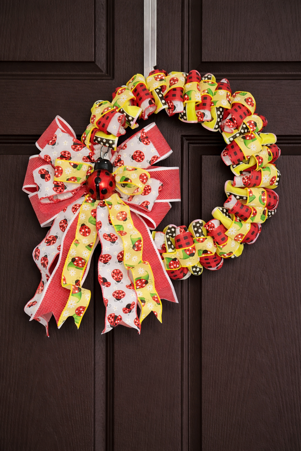 Ladybug-themed ribbon wreath with bow, perfect for baby shower decor or nursery wall art