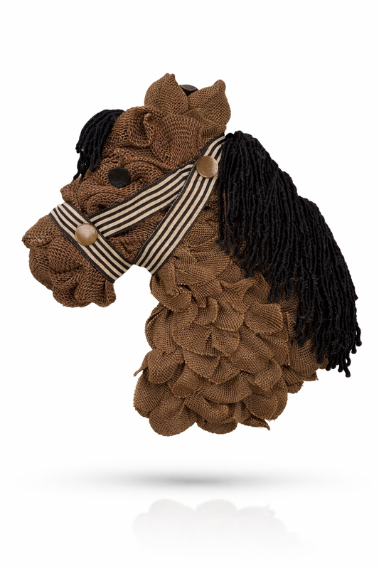Handmade horse memory keepsake crafted from clothing, featuring striped bridle and black yarn mane for baby shower or memorial gift