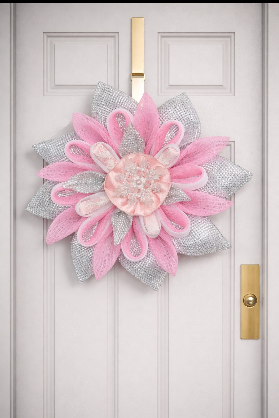 Handmade Pink & Silver Floral Mesh Wreath – Elegant Front Door Wall Décor
