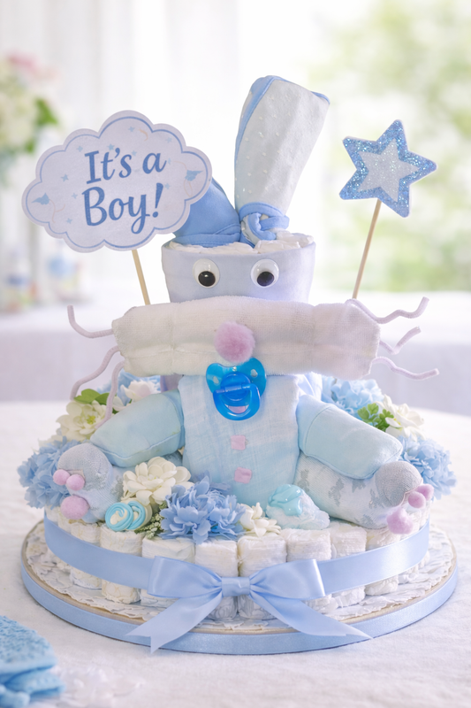 Handmade Bunny Diaper Cake Centerpiece with Baby Essentials