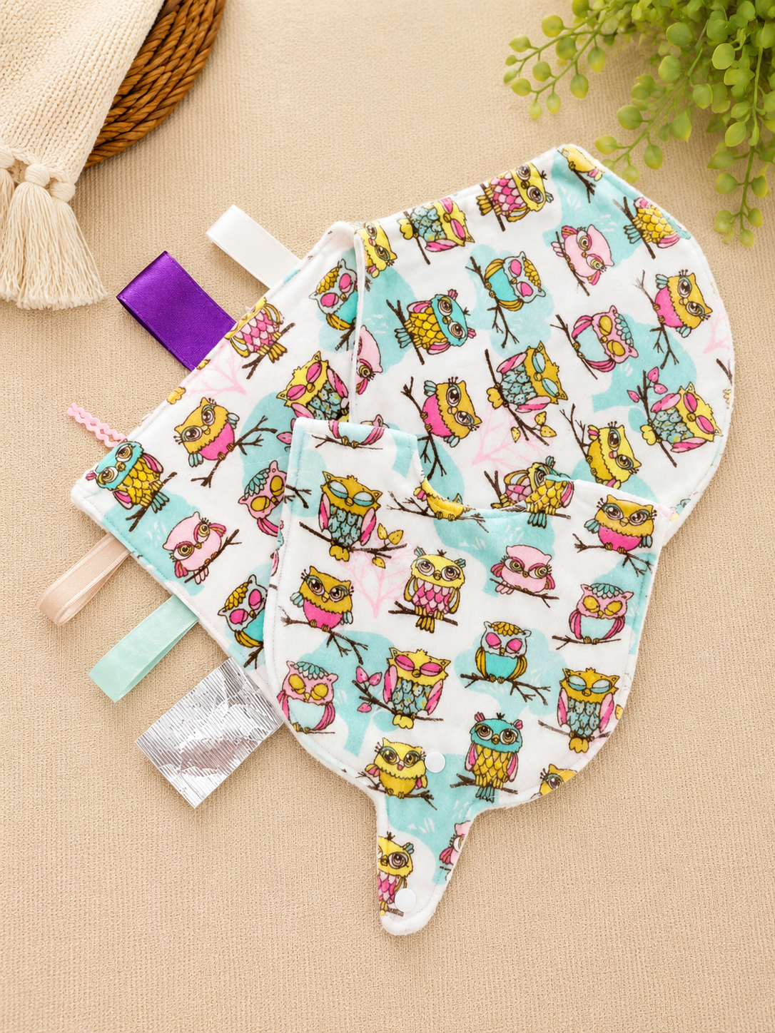 Baby Gift Bundle – Pacifier Snap Bib, Burp Cloth & Sensory Taggie Toy | Handmade