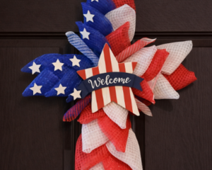 Handmade Patriotic Cross Wreath – Red White Blue Christian Front Door Décor