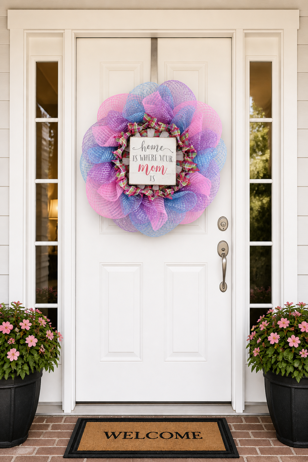 Pastel “Home Is Where Your Mom Is” Deco Mesh Wreath – Mother’s Day Front Door Decor