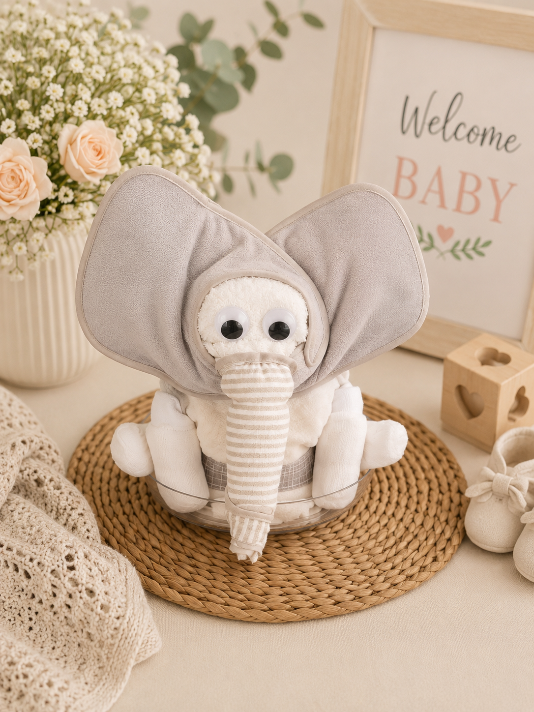 Elephant Diaper Cake Baby Gift Set – Receiving Blanket, 3 Bibs, 2 Pairs Socks & 30-35 Size 2 Diapers | Handmade