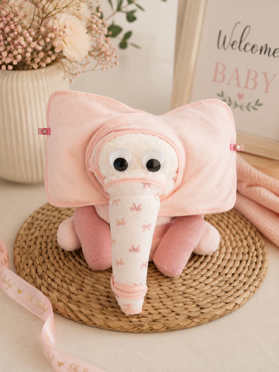Elephant Diaper Cake Baby Gift Set – Receiving Blanket, 3 Bibs, 2 Pairs Socks & 30-35 Size 2 Diapers | Handmade