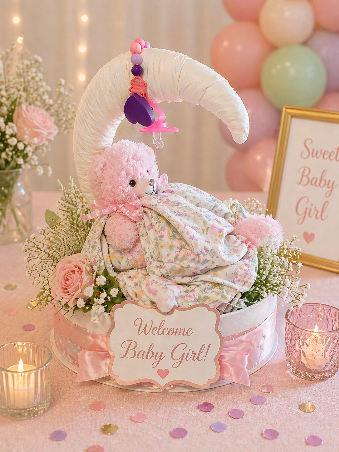 Over the Moon Girl Baby Shower Diaper Cake Centerpiece
