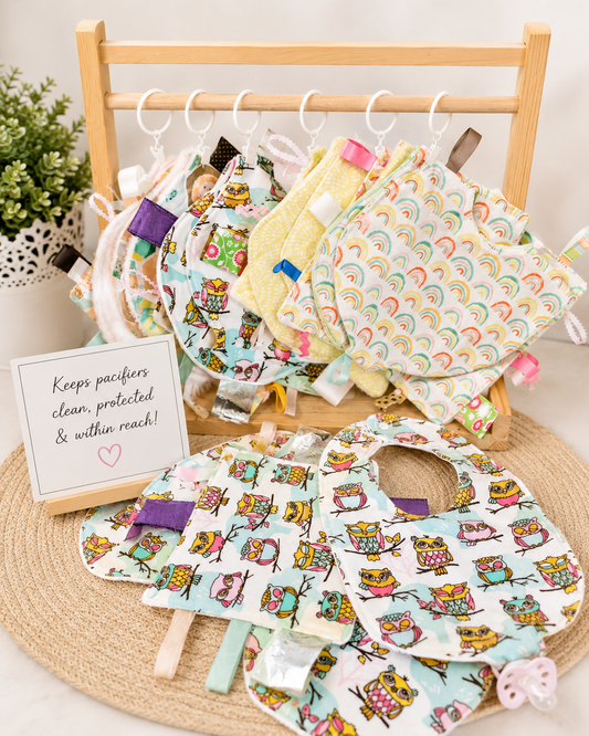 Baby Gift Bundle – Pacifier Snap Bib, Burp Cloth & Sensory Taggie Toy | Handmade