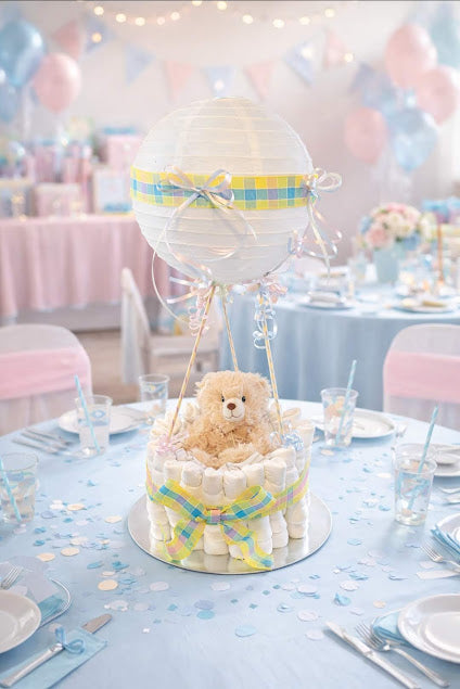 Hot Air Balloon Diaper Cake – Baby Shower Centerpiece Gift (Handmade)
