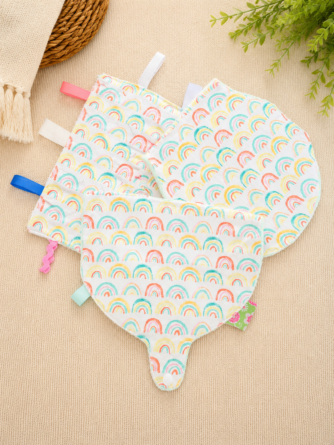 Baby Gift Bundle – Pacifier Snap Bib, Burp Cloth & Sensory Taggie Toy | Handmade