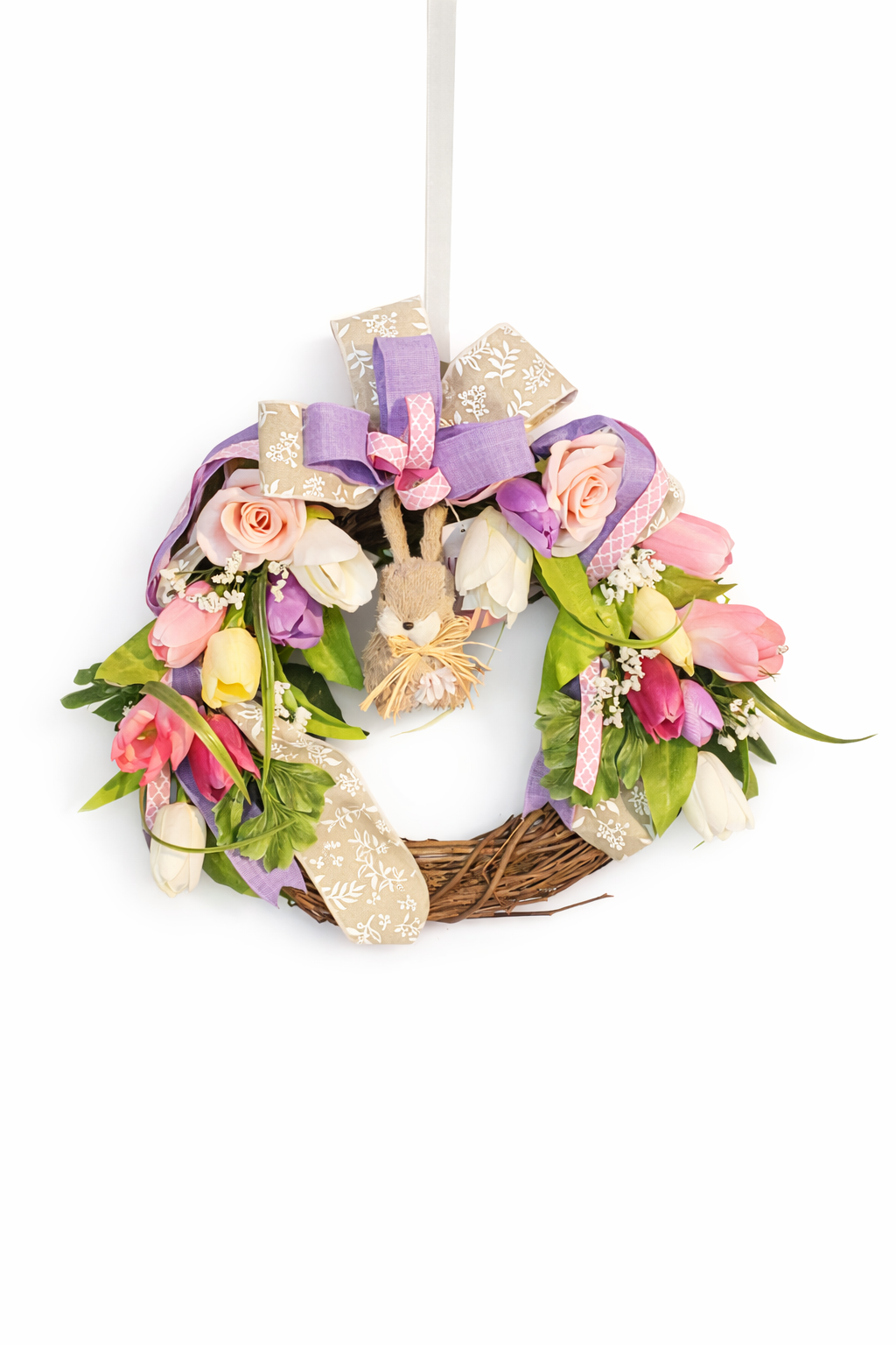Handmade Easter Bunny Grapevine Wreath – Pastel Spring Farmhouse Décor