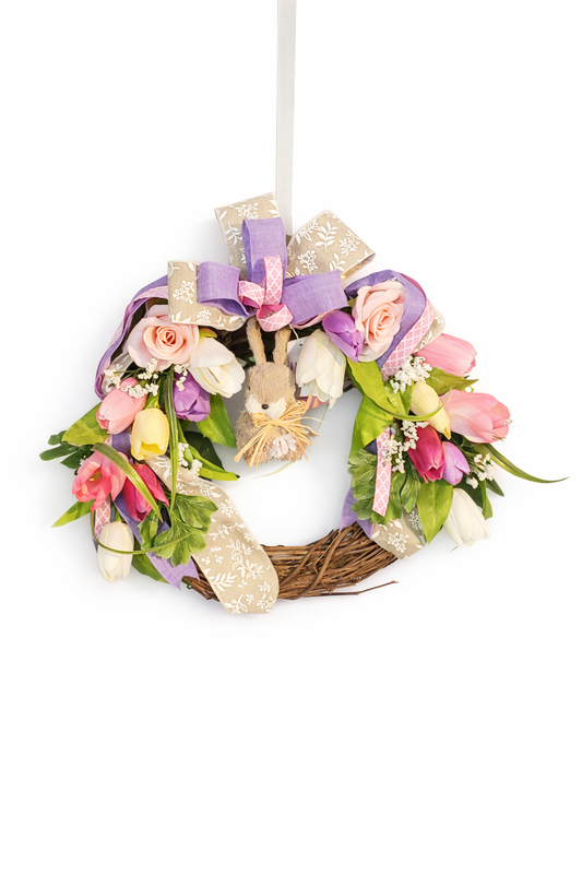 Handmade Easter Bunny Grapevine Wreath – Pastel Spring Farmhouse Décor